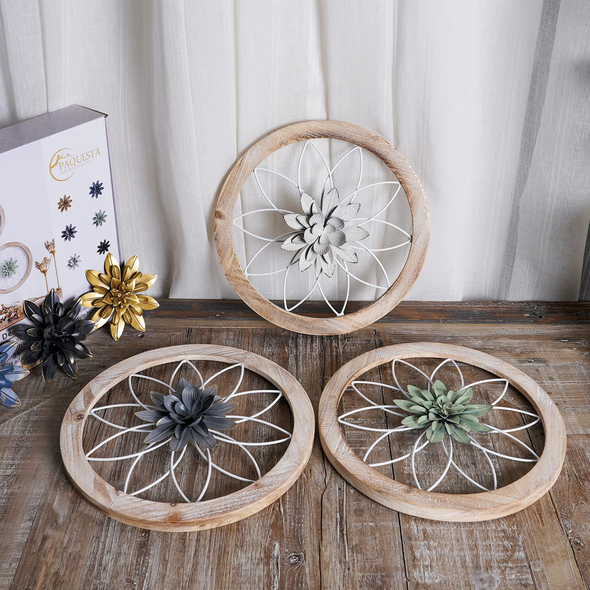 Paquesta 3 Piece Round Farmhouse Wall Decor with 6 Piece Interchangeable Flowers 12'' Medallion Wood & Metal Rustic Wall Art for Living Room Bedroom Kitchen Bathroom Dining Room Home Decorations Paquesta