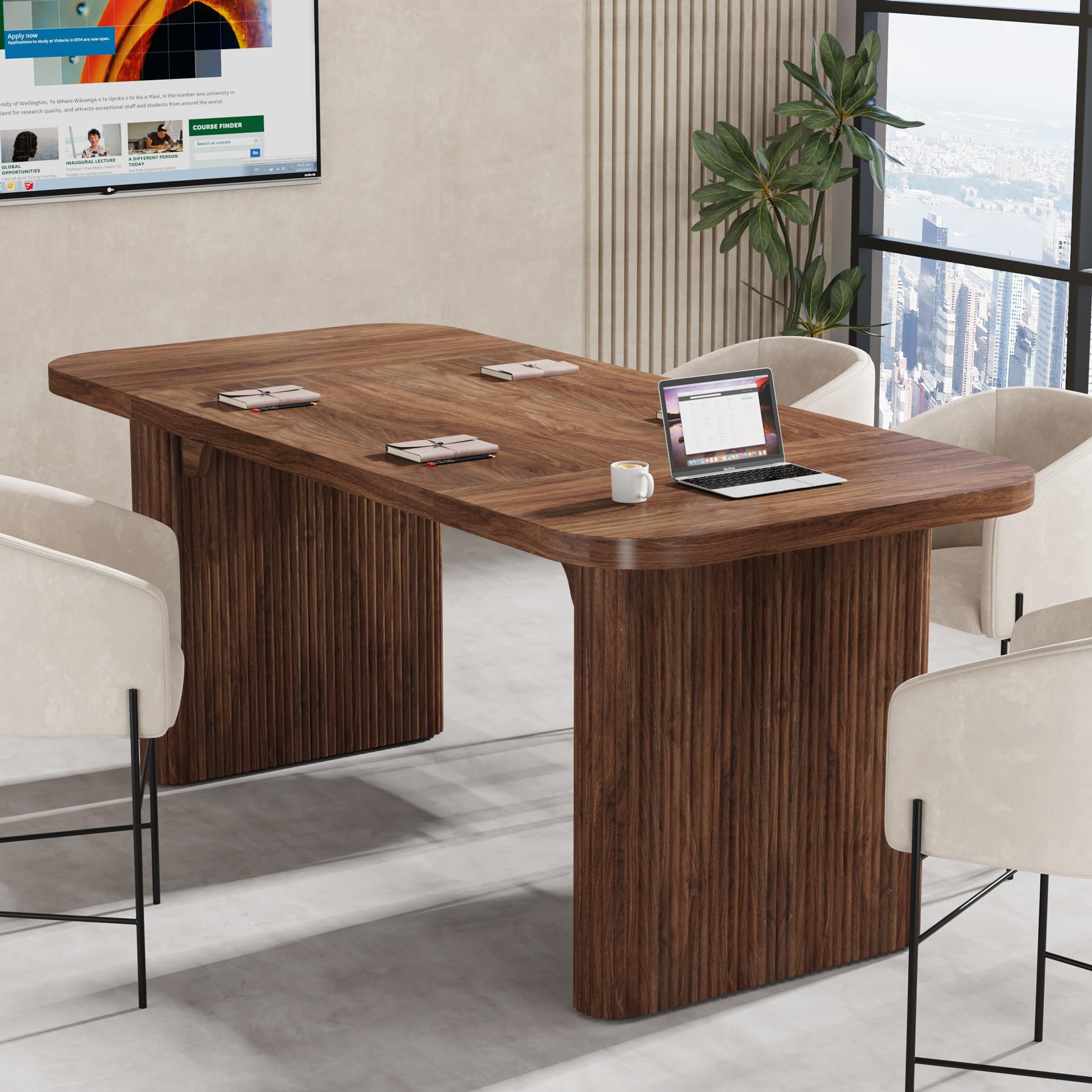 Tribesigns 5 ft Conference Table, Modern Rectangular Meeting Seminar Table with Double Pedestal, 62-Inch Large Boardroom Table for Office (Natural) (Brown) - WoodArtSupply