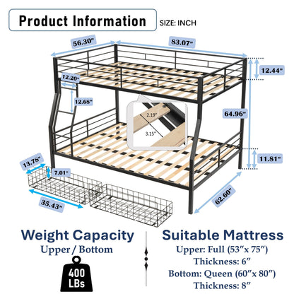 PVWIIK Full Over Queen Bunk Bed with Storage Drawers for Kids,Heavy Duty Bunk Bed w/Ladder & Full Length Guardrail No Box Spring Needed,for Dorm,Bedroom,Guest Room, Black