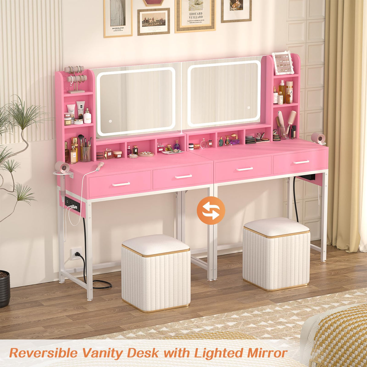 Small Vanity Desk, Vanity Desk with Mirror and Lights, Makeup Vanity Desk with Power Strip, Vanity Table with Drawers and Shelves, Adjustable Lighting, Dressing Table for Bedroom Dressing Room, Pink Cyclysio