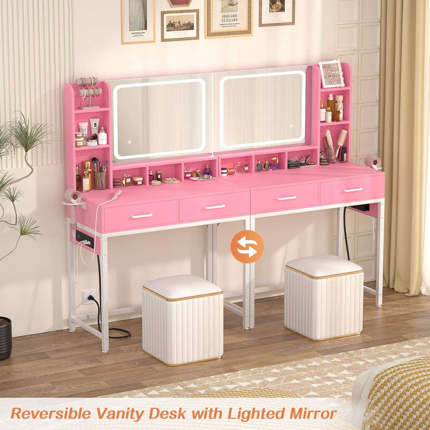 Small Vanity Desk, Vanity Desk with Mirror and Lights, Makeup Vanity Desk with Power Strip, Vanity Table with Drawers and Shelves, Adjustable Lighting, Dressing Table for Bedroom Dressing Room, Pink