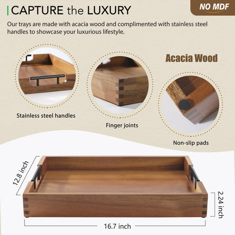 Joy&Grace Acacia Wooden Serving Tray with Metal Handles 16.7 x 12.8 inch Decorative Ottoman Tray for Living Room Coffee Table (Color Natural) Joy&Grace