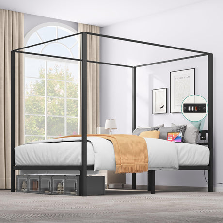 YITAHOME Canopy Bed Frame, Queen Size Metal Bed Frame with USB Charging Station, Four Poster Platform Bed with Metal Slats Support, 12.4 inch Storage Beneath Bed, No Box Spring Needed, Black YITAHOME