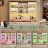 HUAHUU 71" Kitchen Pantry Cabinet with Lights & Acrylic Doors, Pantry Storage Cabinet with Microwave Stand, Kitchen Hutch Food Cabinets with Charging Station, Adjustable Shelves, White HUAHUU