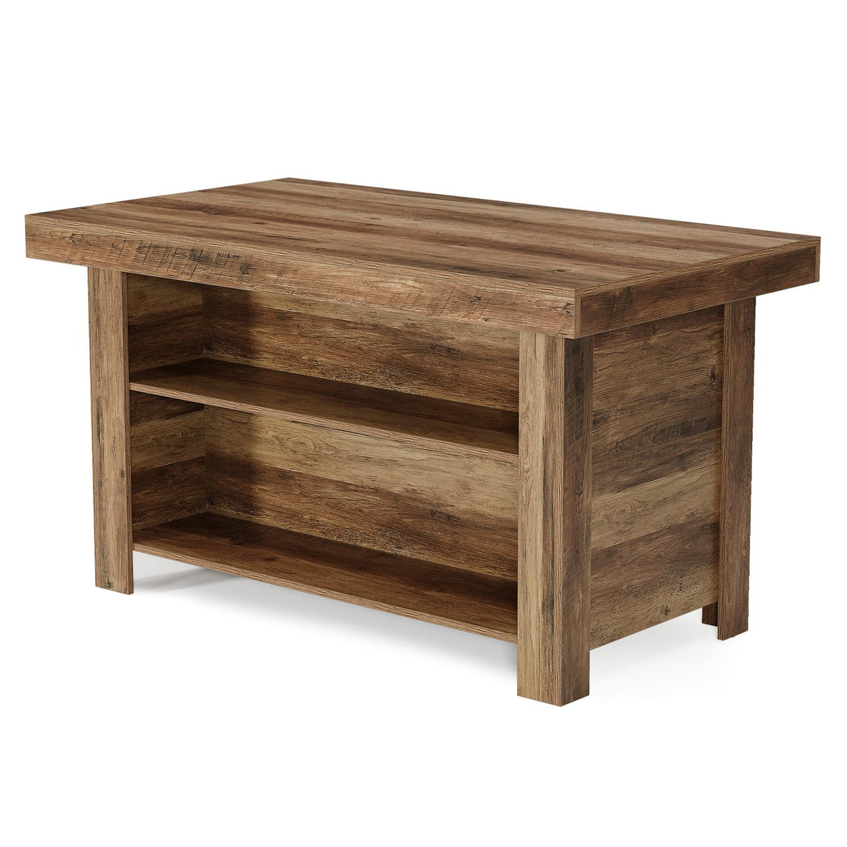 LITTLE TREE 55 Inches Kitchen Island with Storage, 3-Tier Farmhouse Wooden Stationary Island Table with Large Worktop & Leg Room, Modern Coffee Bar Table with Storage Shelf for Kitchen, Rustic Brown LITTLE TREE