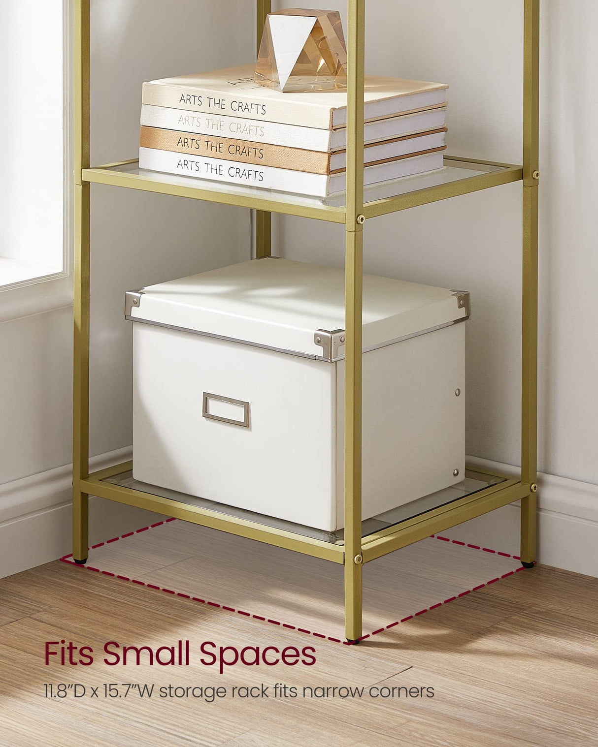 VASAGLE Bookcase, 6-Tier Bookshelf, Slim Shelving Unit for Bedroom, Bathroom, Home Office, Tempered Glass, Steel Frame, Metallic Gold ULGT500A01 VASAGLE