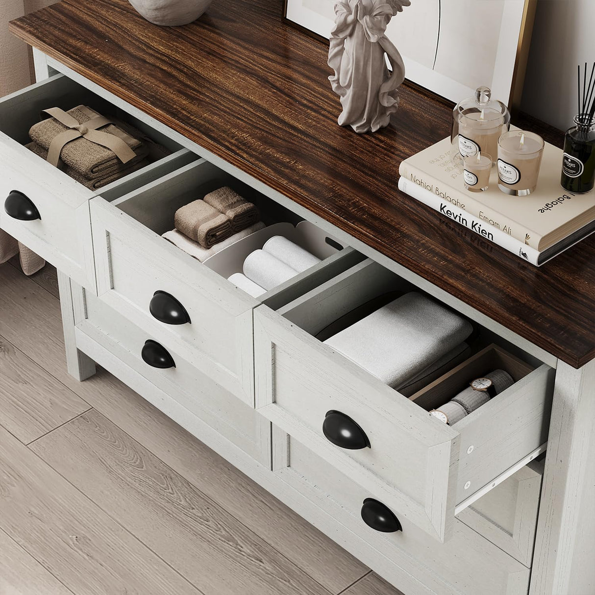 HOUROM Farmhouse White Dresser for Bedroom, Wide Wood Dressers & Chests of Drawers with Vintage Black Handle, 7 Drawer Dresser for Bedroom Hallway, Entryway, Antique White HOUROM