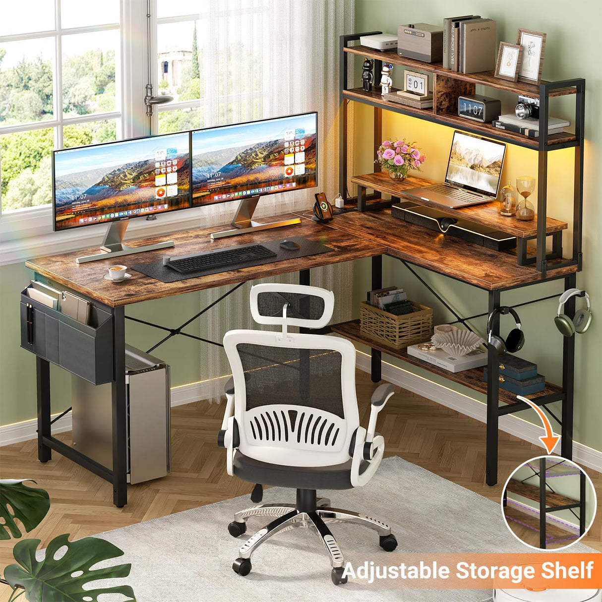 Aheaplus L Shaped Gaming Desk with Power Outlets & LED Lights, Small L-Shaped Desk Computer Corner Desk with Monitor Stand & Storage Shelf, Home Office Desk Writing Desk with Storage Bag, Rustic Brown Aheaplus