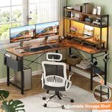 Aheaplus L Shaped Gaming Desk with Power Outlets & LED Lights, Small L-Shaped Desk Computer Corner Desk with Monitor Stand & Storage Shelf, Home Office Desk Writing Desk with Storage Bag, Rustic Brown Aheaplus