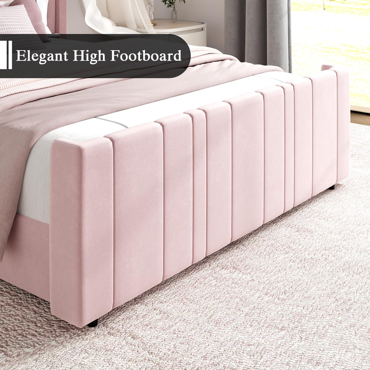 HOMBCK King Size Bed Frame, Soft Upholstered Bed Frame with Vertical Channel Tufted Headboard, Soft Bed Frame King, Tall Footboard, Noise Free, No Box Spring Needed, Easy Assembly, Pink HOMBCK