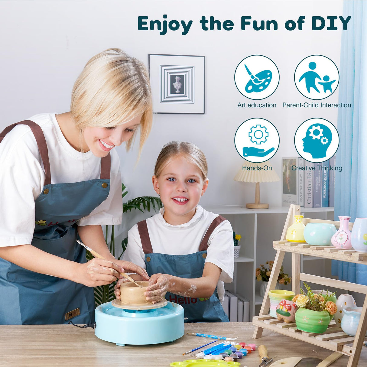 Alldeer Mini Pottery Wheel Machine - 6" Upgraded Clay Wheel for Beginners & Kids, 75W Motor, Adjustable Speed, Low Noise Ceramic Making Kit with 18PCS Sculpting Tools, Ideal for Home DIY Alldeer