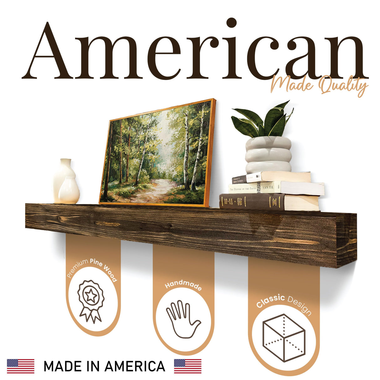 REXFORD Fireplace Mantel - USA Made Real Wood - Handcrafted Farmhouse Wall Mounted for Over Fireplace Floating Shelf Mantle (Rustic, 72X8X5 Inch Mantel) REXFORD