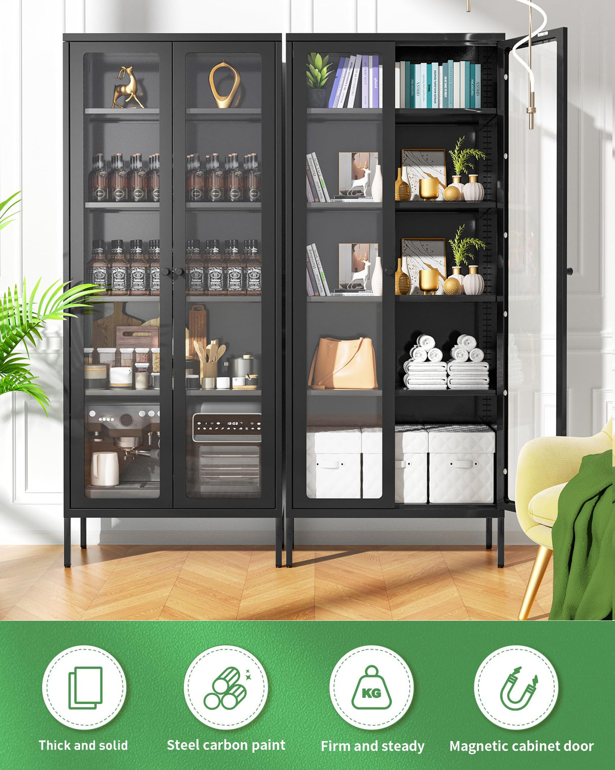 Bonusall Display Cabinet with Glass Doors,67” Metal Display Curio Cabinet with Glass Doors and 4 Adjustable Shelves for Collectibles,Home Office,Living Room,Gaming Room(Black) Bonusall