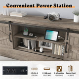 AMERLIFE Farmhouse Full Bed Frame with Storage Headboard & Charging Station, Rustic Wood Platform Bed with Barn Door Bookcase, No Box Spring Needed, Light Grey Bedroom Furniture AMERLIFE