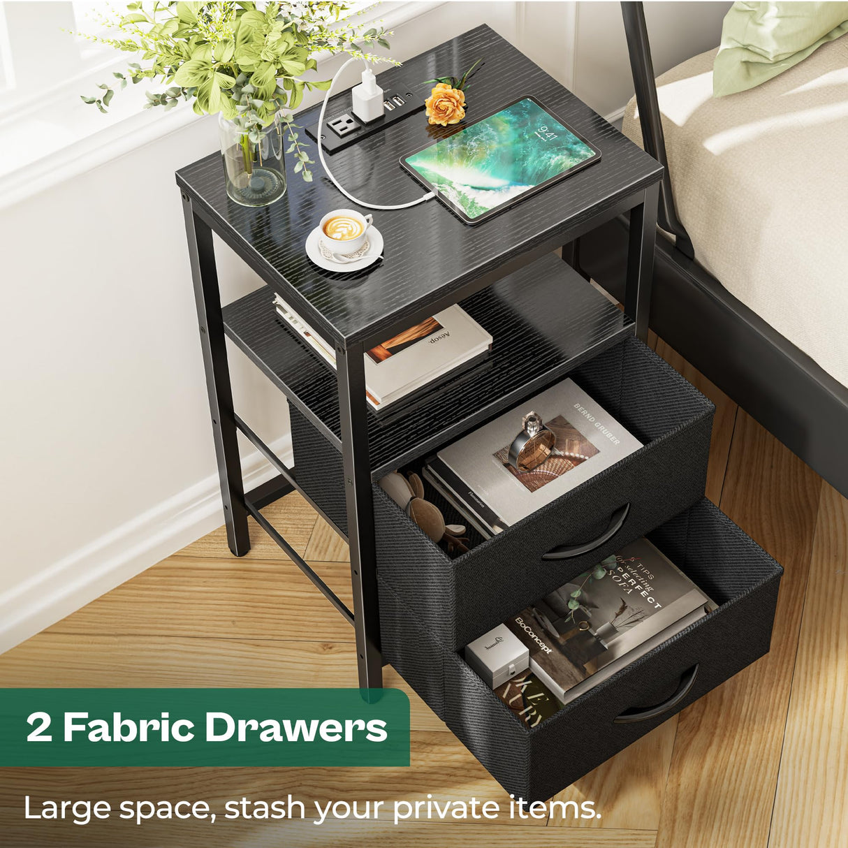 Huuger Nightstands Set of 2, End Tables with Charging Station, Side Tables with Fabric Drawers, Bedside Tables with USB Ports and Outlets, Night Stands for Bedroom, Black Huuger