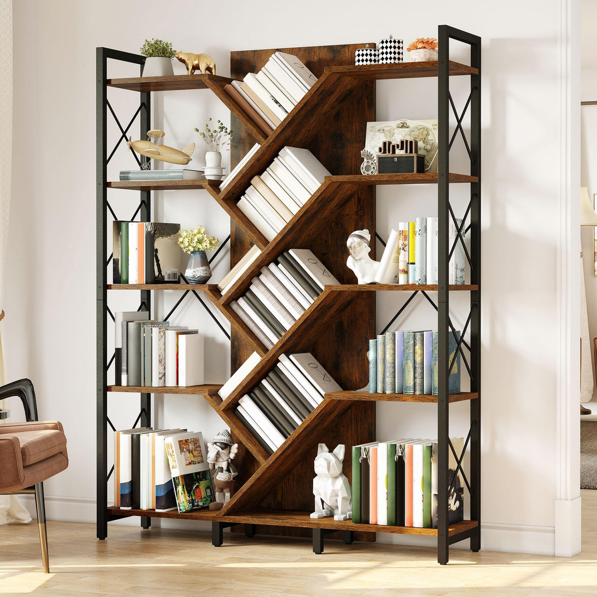 YITAHOME Industrial Tree Bookshelf, Large 5 Tier Bookcase Tall Standing Book Shelves Organizer Display Rack for Living Room Home Office, Rustic Brown YITAHOME
