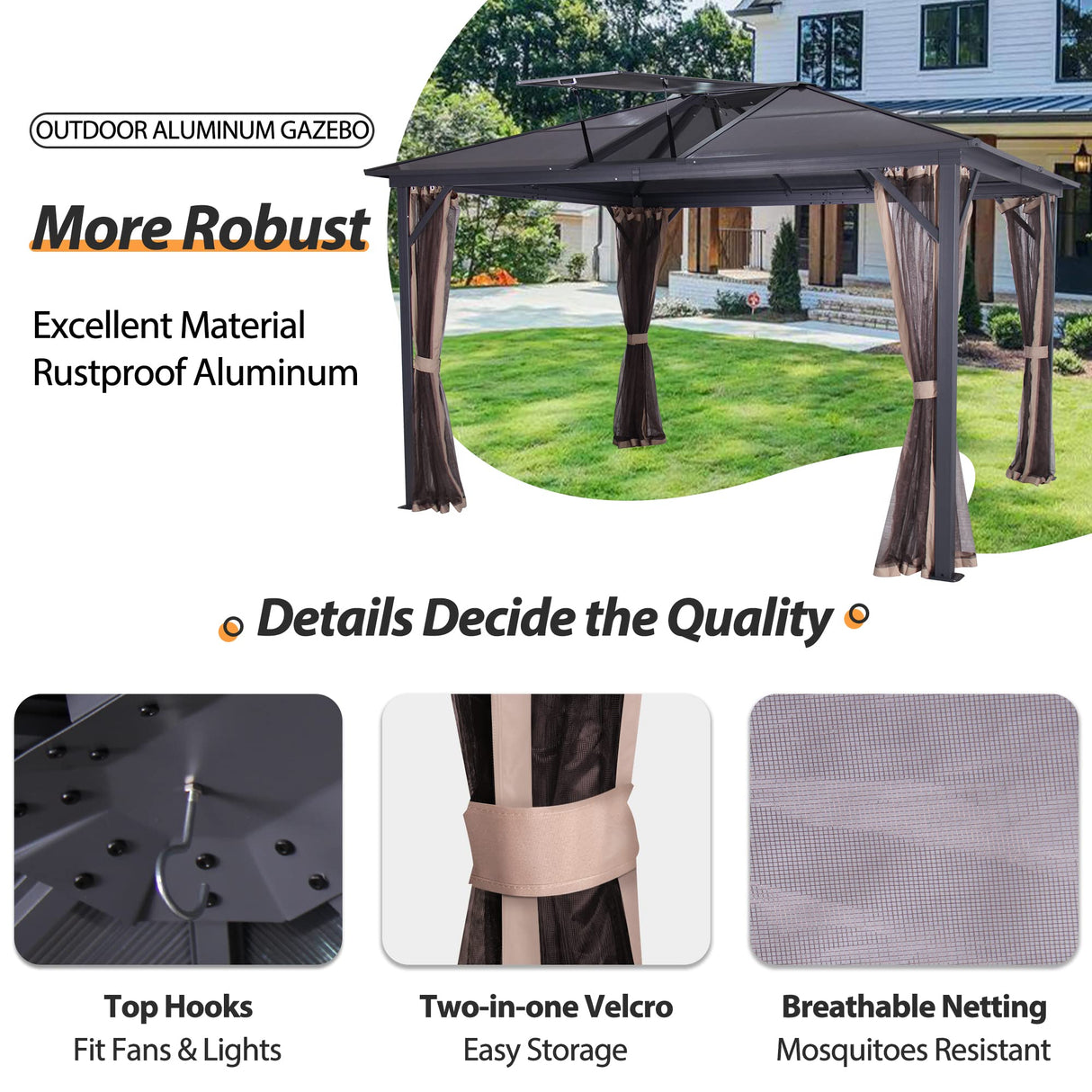 GARTOO 14' x 12' Polycarbonate Hardtop Aluminum Patio Gazebo with Skylight - Outdoor Heavy Duty Gazebo with Breathable Netting for Garden, Poolside, Deck, Patio GARTOO