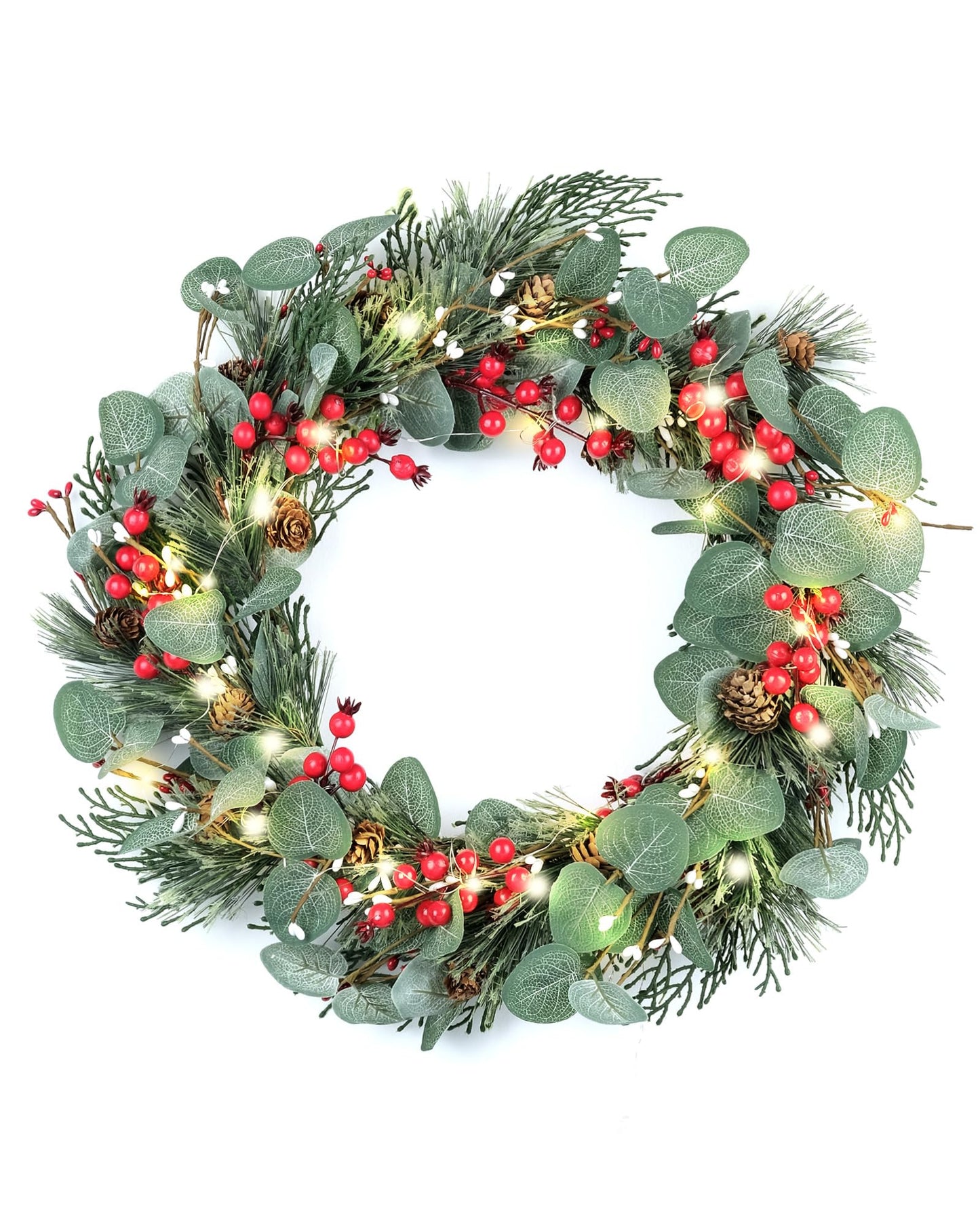 DN DECONATION 20 Inch Lighted Christmas Wreath for Front Door LED Lights Christmas Wreath Battery Operated Eucalyptus Winter Wreath with Pine Cones Berry Clusters Holiday Decor