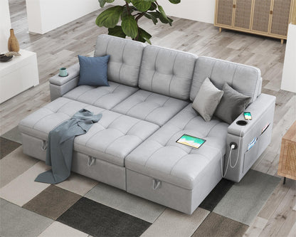 PaPaJet Sleeper Sofa Bed, 84 Inch Pull Out Couch Bed with 2 USB & Cup Holders, Tufted L Shape Convertible Sofa with Storage Chaise- Silver Grey