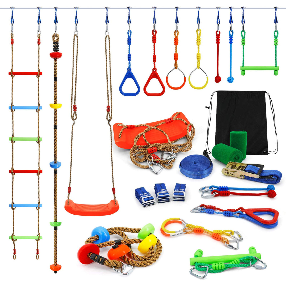 Kawuneeche Ninja Warrior Obstacle Course Kit for Kids Ninja Slackline with 10 Accessories Monkey Bars, Ladder, Climbing Rope, Gym Rings, Swing, Monkey Fist for Backyard Training Equipment Kawuneeche