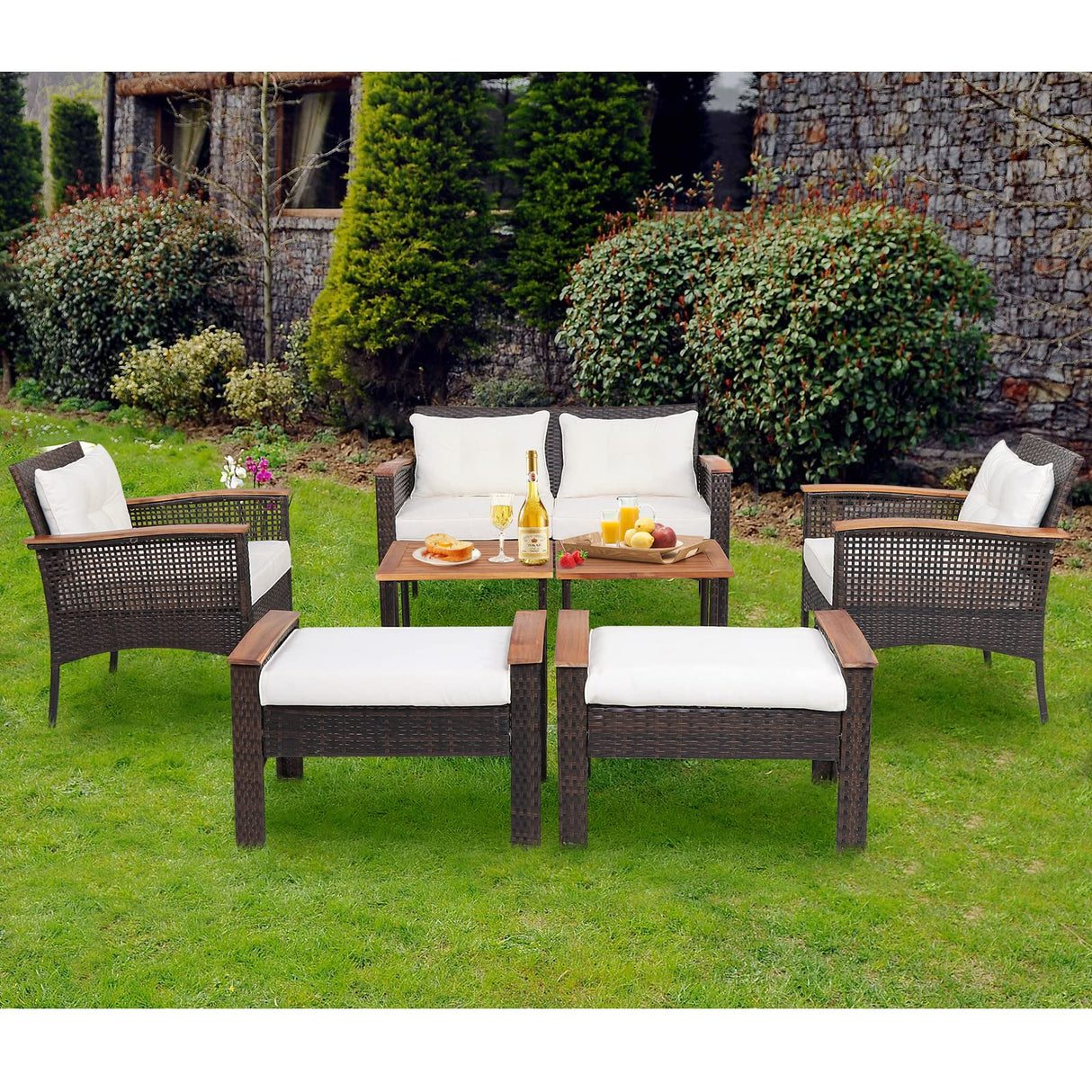 HAPPYGRILL 7 Piece Patio Furniture Set Rattan Sofa Set Outdoor Wicker Conversation Set with 2 Ottomans & 2 Coffee Tables with Bottom Shelf Acacia Wood Tabletop Seat & Back Cushions HAPPYGRILL