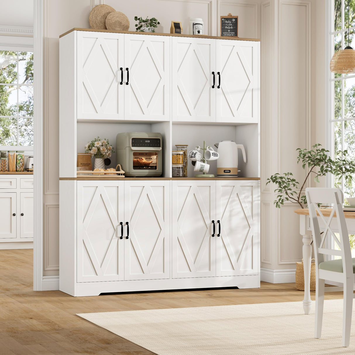 HOSTACK 71" Tall Pantry Cabinet, 55" Wide Kitchen Pantry Storage Cabinet, Large Kitchen Hutch with 2 Microwave Stands, Farmhouse Coffee Bar Station with Doors and Shelves for Dining Room, White HOSTACK