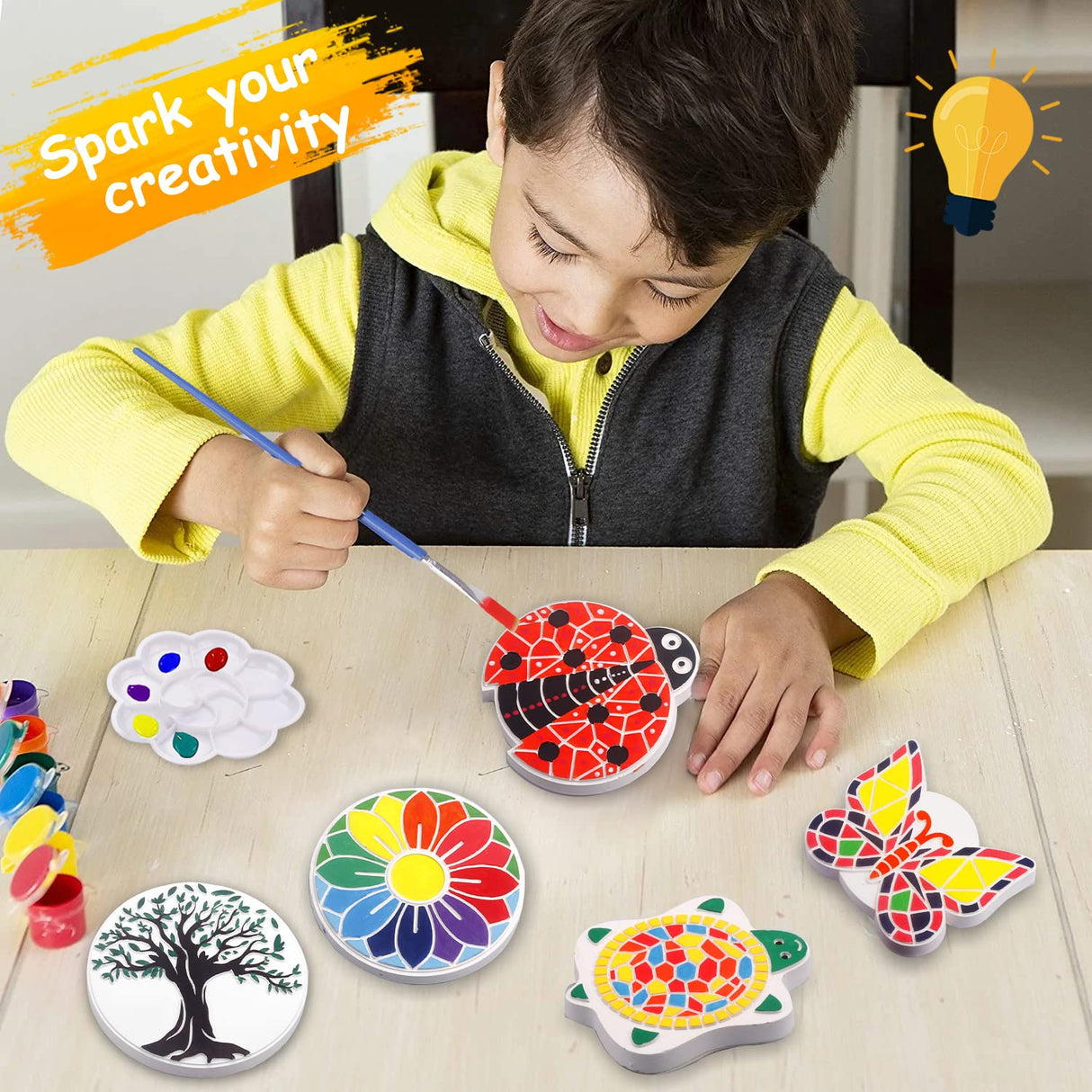 Weilim Paint Your Own Stepping Stones 5-Pack for Kids, Boys & Girls Ages 3-12, Butterfly, Turtle, Flower, Tree & Ladybug DIY Outdoor Garden Art & Craft Ceramic Painting Set Weilim