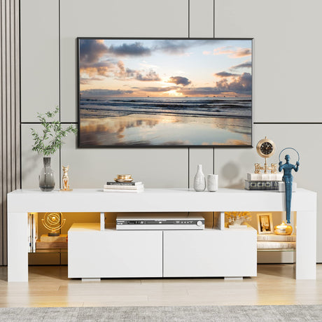 JUMMICO TV Stand, Modern Lighting TV Cabinet Entertainment Center Media and Open Shelf, TV Console Table with 1 Drawer and Remote Control, 20 Color LED Lights up to 70 Inch TV (White) JUMMICO