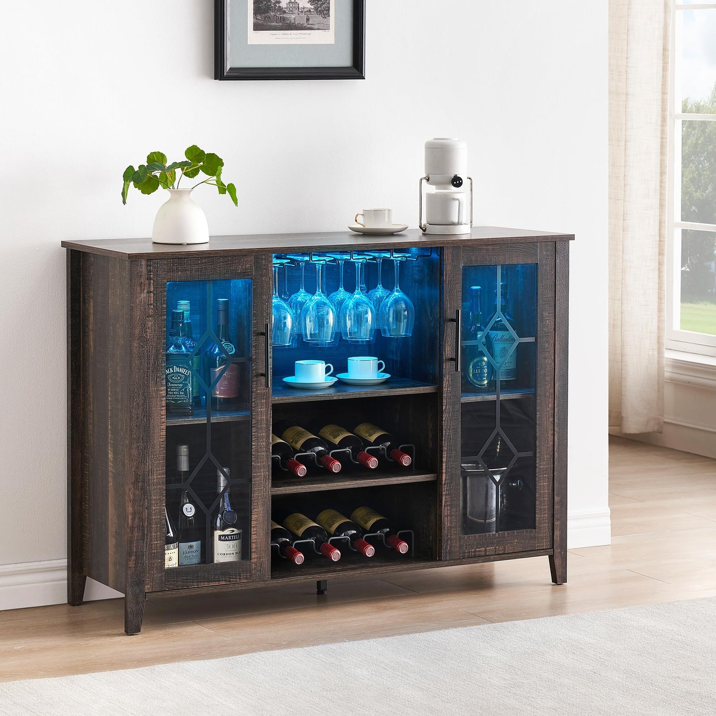 IDEALHOUSE Wine Bar Cabinet with Led Light,Home Coffee Cabinet with Wine and Glass Rack,Kitchen Buffet Sideboard with Storage,Liquor Cabinet for Bar,Dining Room,Kitchen(Dark Rustic Oak) - WoodArtSupply