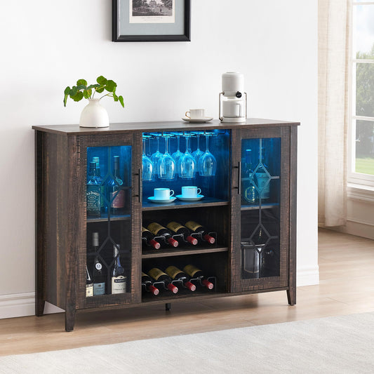 IDEALHOUSE Wine Bar Cabinet with Led Light,Home Coffee Cabinet with Wine and Glass Rack,Kitchen Buffet Sideboard with Storage,Liquor Cabinet for Bar,Dining Room,Kitchen(Dark Rustic Oak) - WoodArtSupply