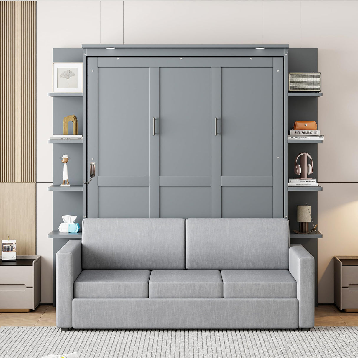 Murphy Bed Cabinet Queen Size with Sofa, Queen Murphy Bed with Couch, Adult Wall Murphy Queen Size Bed Frame with Storage Shelves and LED Lights, Grey Merax