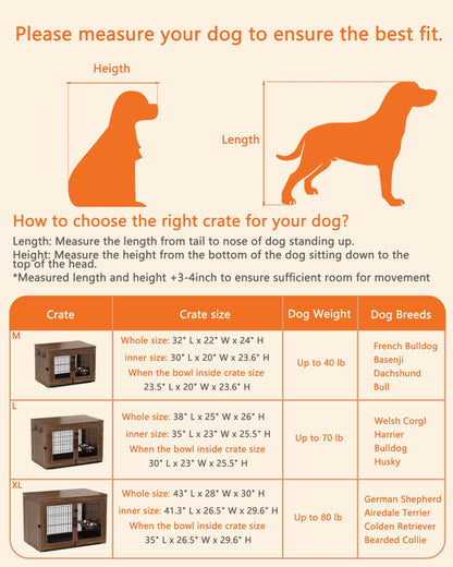 Piskyet Wooden Dog Crate Furniture with 360°Rotatable Removable Dog Bowls, Dog Crate End Table with Tray, Double Doors Dog Kennels for Dogs(M:31.8" L*22.1" W*24.1" H, Rustic Style) - WoodArtSupply