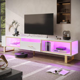 Bestier 80 Inch TV Stand for 65/75/85/90 Inch TVs, LED Gaming Entertainment Center with Open Storage and Half-Glass Design Drawer, Modern High Gloss Media Console for Living Room, White and Gold Bestier