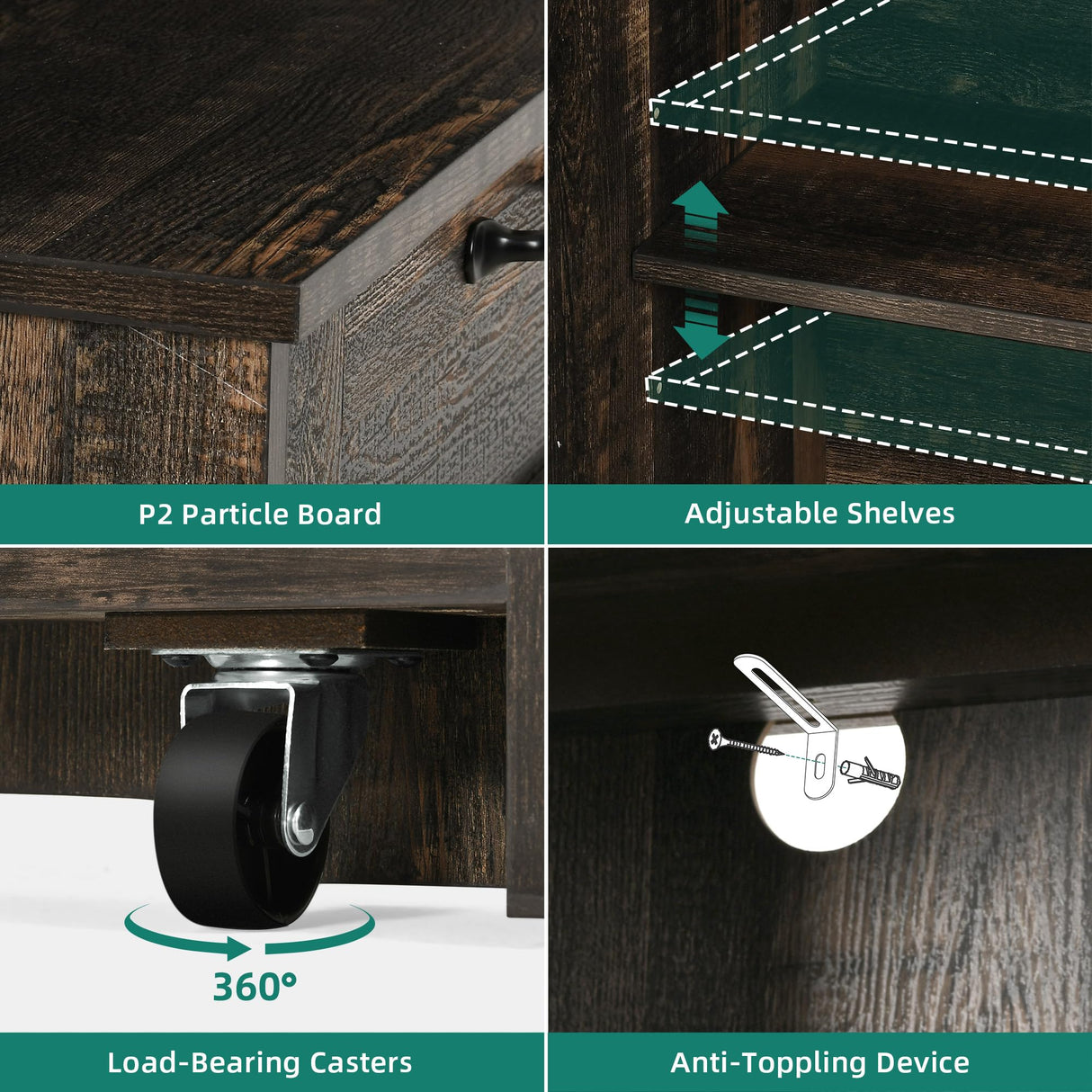 YITAHOME Kitchen Pantry Farmhouse, Tilit Out Trash Out Can Cabinet,Coffee Storage Bar Cabinet, 70" Tall Cabinet Cupboard with 2 Drawers, 2 Doors and Glass Display Case Shelf, Wheels, Rustic Dark Oak YITAHOME