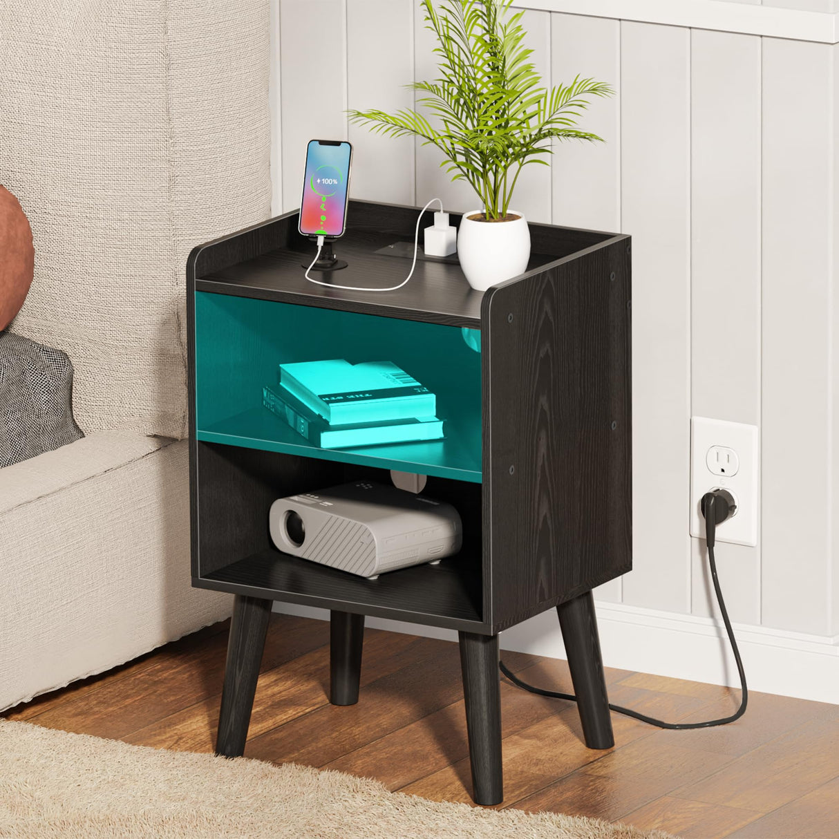 LAKEMID Night Stand with Charger Station, Bedside Table with LED Lights, Side Table with Fast USB-C Port, Nightstand with Solid Wood Feet, Small End Table for Bedroom, Living Room, Black LAKEMID