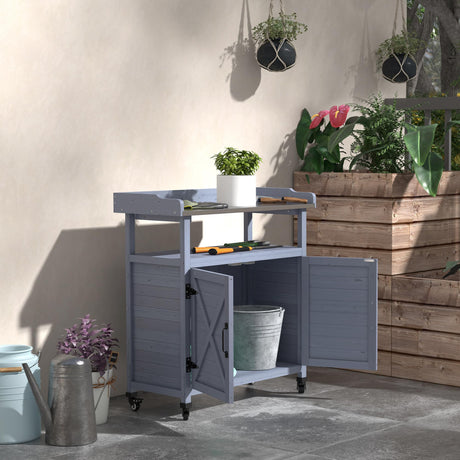 Outsunny Outdoor Wooden Potting Bench Table, Garden Workstation with Storage Cabinet, Aluminum Table Top, Rubber Wheels for Backyard, Patio, Balcony, Gray Outsunny