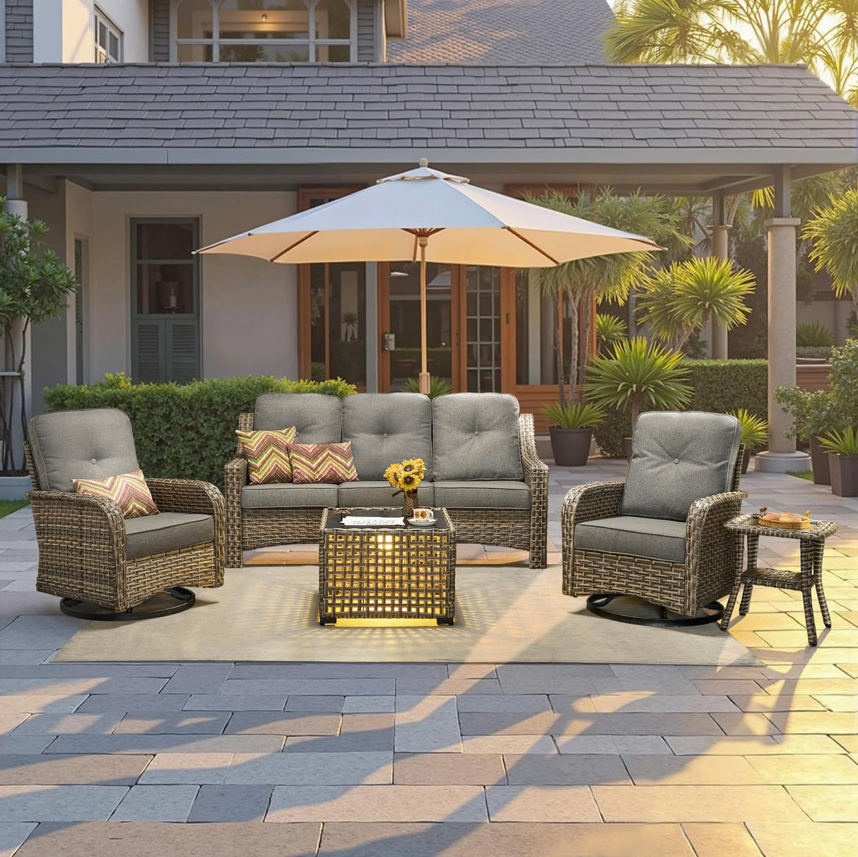 CAODOC Outdoor Patio Furniture Set, 5-Piece PE Wicker Sofa with Shiny Table and Swivel Chairs, Outdoor Conversation Set for Patio, Garden, Backyard Dark Gray CAODOC