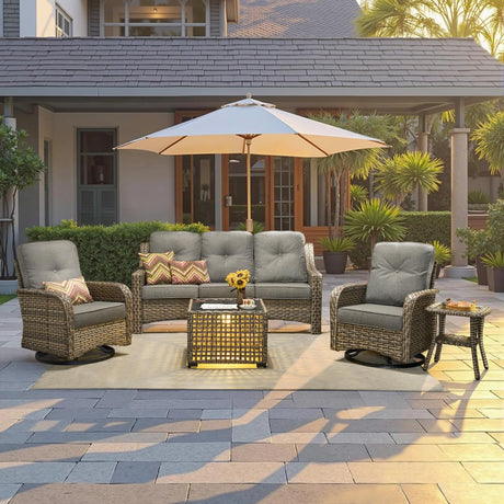 CAODOC Outdoor Patio Furniture Set, 5-Piece PE Wicker Sofa with Shiny Table and Swivel Chairs, Outdoor Conversation Set for Patio, Garden, Backyard Dark Gray CAODOC