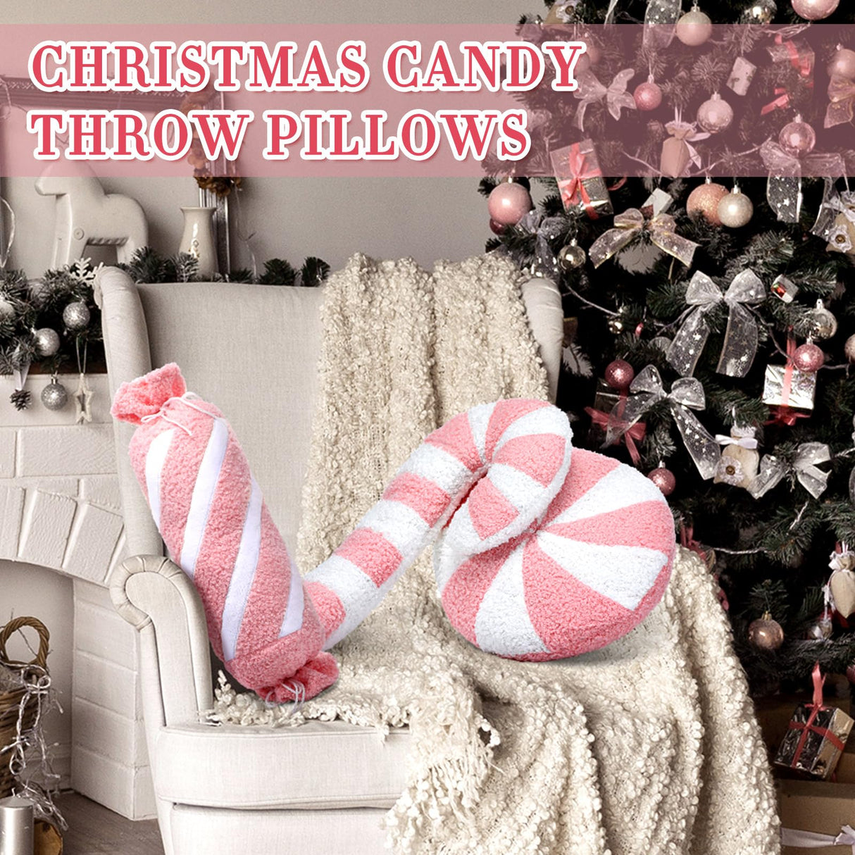 Anglechic 3 Pcs Christmas Pillows Decorative Throw Pillows Candy Merry Christmas Tree Stuffed Wool Soft Xmas Plush Cushion for Sofa Couch Bedroom Living Room(Pink) Anglechic