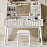 Einhomn Vanity Desk with Mirror & LED Lights, Fluted Makeup Table Set with Power Outlet & Hair Dryer Rack, Modern Dressing Table with Drawers & Adjustable Shelves, Cushioned Stool for Bedroom, White Einhomn