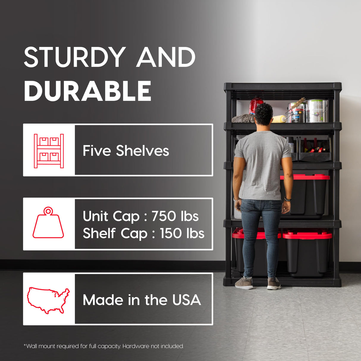 IRIS USA 5-Shelf Heavy Duty Plastic Storage Shelves, 750lb Capacity, 68" H x 36" W x 18" D, Large Modular Shelving Unit Storage Organizer for Garage, Home, Warehouse & Gym, Storage Rack - Black Iris Ohyama
