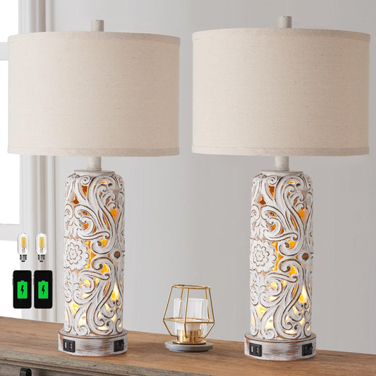 RORIANO Set of 2 Rustic Farmhouse Table Lamps for Living Room Bedroom, Vintage Bedside Lamp with Dual USB Port, Antique White Resin Retro Nightstand Lamps with Night Light, 2 Bulbs Include - WoodArtSupply