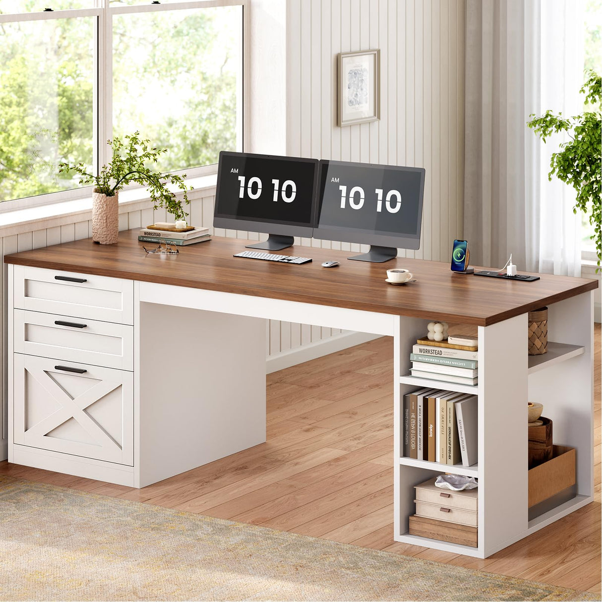 SEDETA 55.1" Farmhouse Office Desk with 3 Drawers, Executive Desk with File Drawer & Storage Shelves, Computer Desk with Power Outlet for Home Office, White and Brown SEDETA