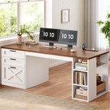 SEDETA 55.1" Farmhouse Office Desk with 3 Drawers, Executive Desk with File Drawer & Storage Shelves, Computer Desk with Power Outlet for Home Office, White and Brown SEDETA