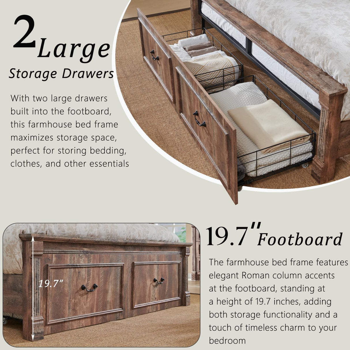 Aitjunz Farmhouse Full Size Bed Frame with 51" Tall Headboard, Wood Platform Bed Frame with 20" Tall Roman Column Decoration Footboard & 2 Large Storage Drawers, No Box Spring Needed (Light Brown) Aitjunz