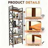 72"H 5-Tier Bookshelf: MDF Wood & Steel Shelves with 500lbs,Tall Narrow Adjustable-Shelf Bookcase.Bookshelves Storage Organizer, Industrial Display Standing Shelf Unit for Living Room/bedroom/Office FREGREE