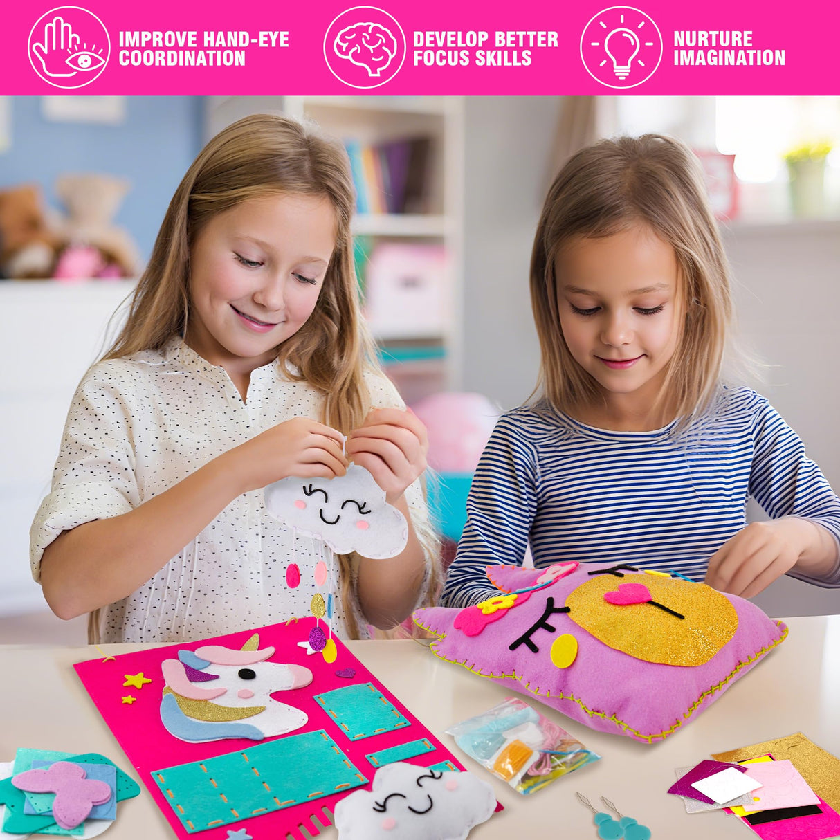 Flying Childhood Soft Felt Sewing Kit for Kids Arts & Crafts, 6 Easy DIY Stuffed Animal Dolls and Plush Pillow, Instructions, Gifts for Girls 6-12, Embroidery Kit for Learn Sew Flying Childhood