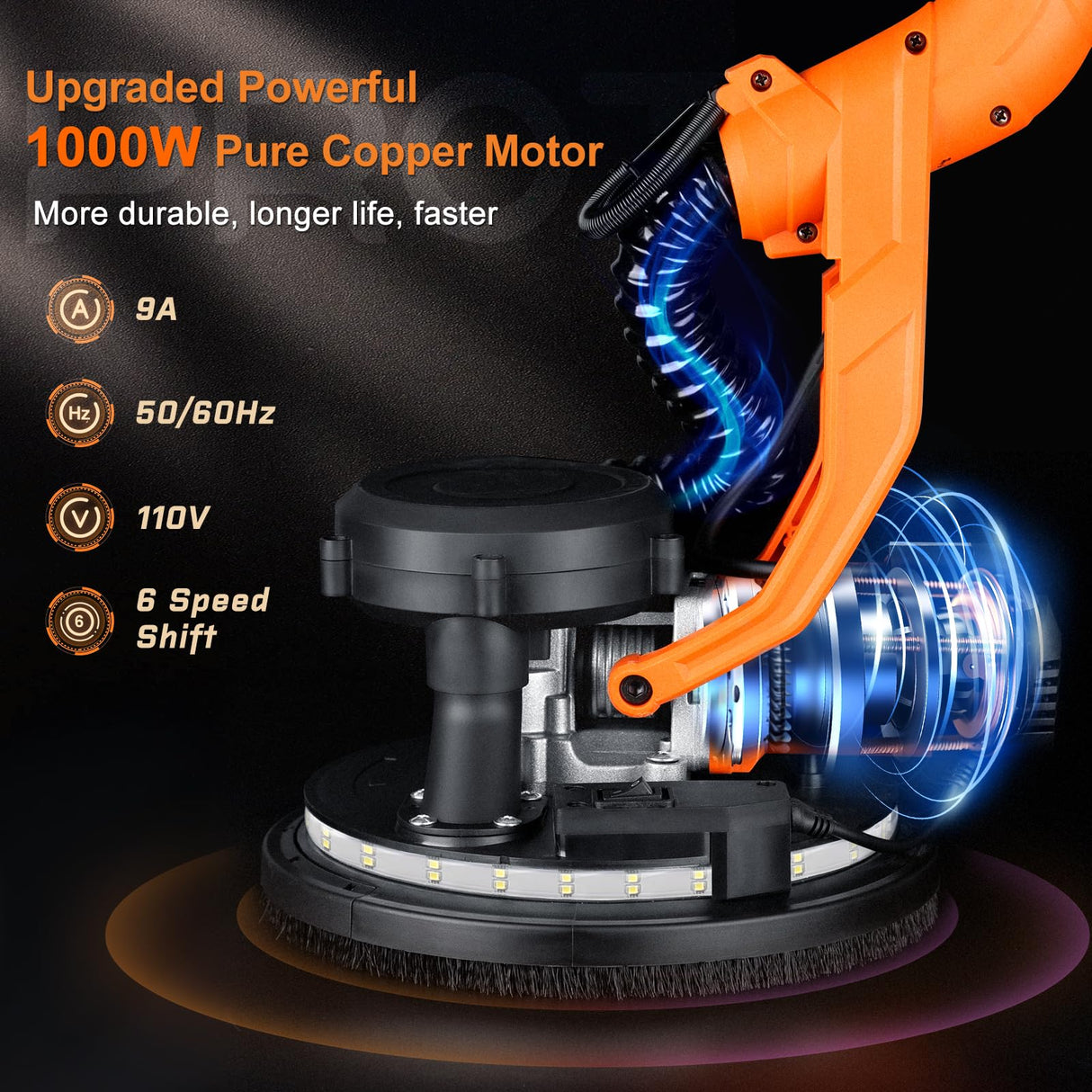 Drywall Sander, 1000W Popcorn Ceiling Removal Tool, Automatic Drywall Sander with Vacuum Dust Collection, LED Light, 6 Variable Speed 800-2200RPM,15Pcs Sanding Discs, Foldable & Extendable Handle Protmex