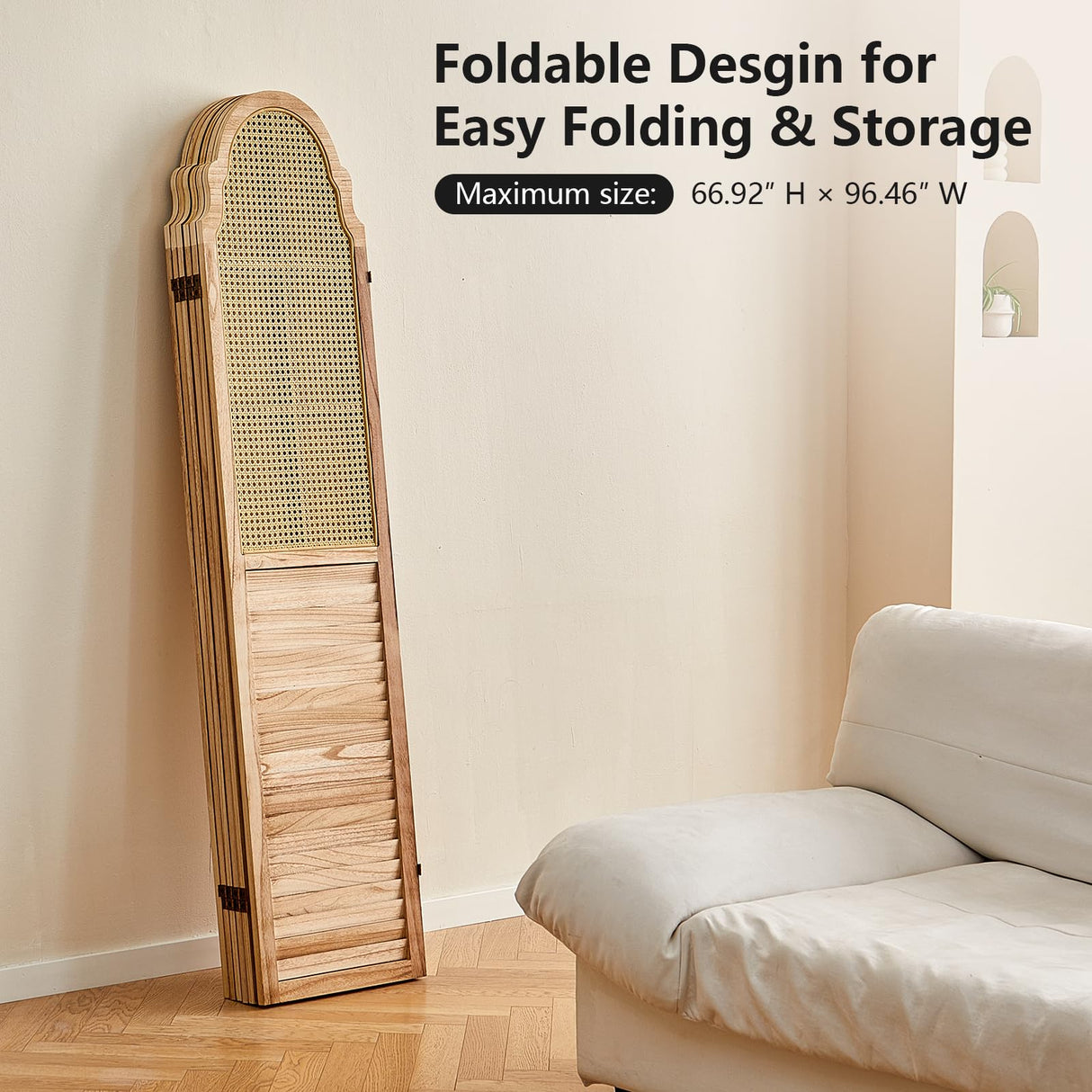 Asnefeli 6 Panels Room Divider Screen, Rustic Rattan Room Divider, Wood Folding Privacy Screen, Foldable Wood Divider Wall, Portable Partition Panel, Wall Divider for Room Separation (Natural) Asnefeli