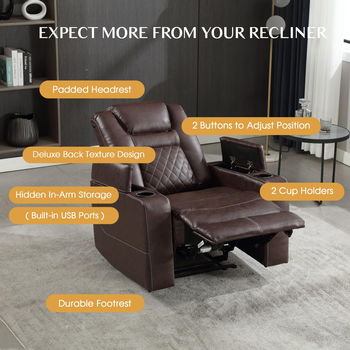 CANMOV Electric Power Recliner Chair with USB Ports and Cup Holders, Breathable Leather Home Theater Seating with Hidden Arm Storage (Red Brown) CANMOV